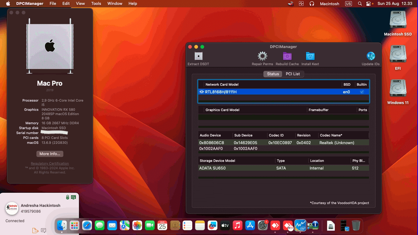 Success Hackintosh macOS Ventura 13.6.9 Build 22G830 in MSI PRO H510M-B + Intel Core i5 10400F + Innovation RX 580 2048SP